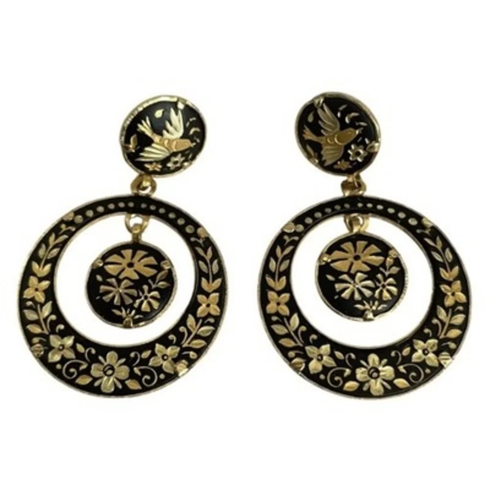 Vintage Black Gold Enamel Floral Bird Drop Earrings Circular Statement Boho EXC